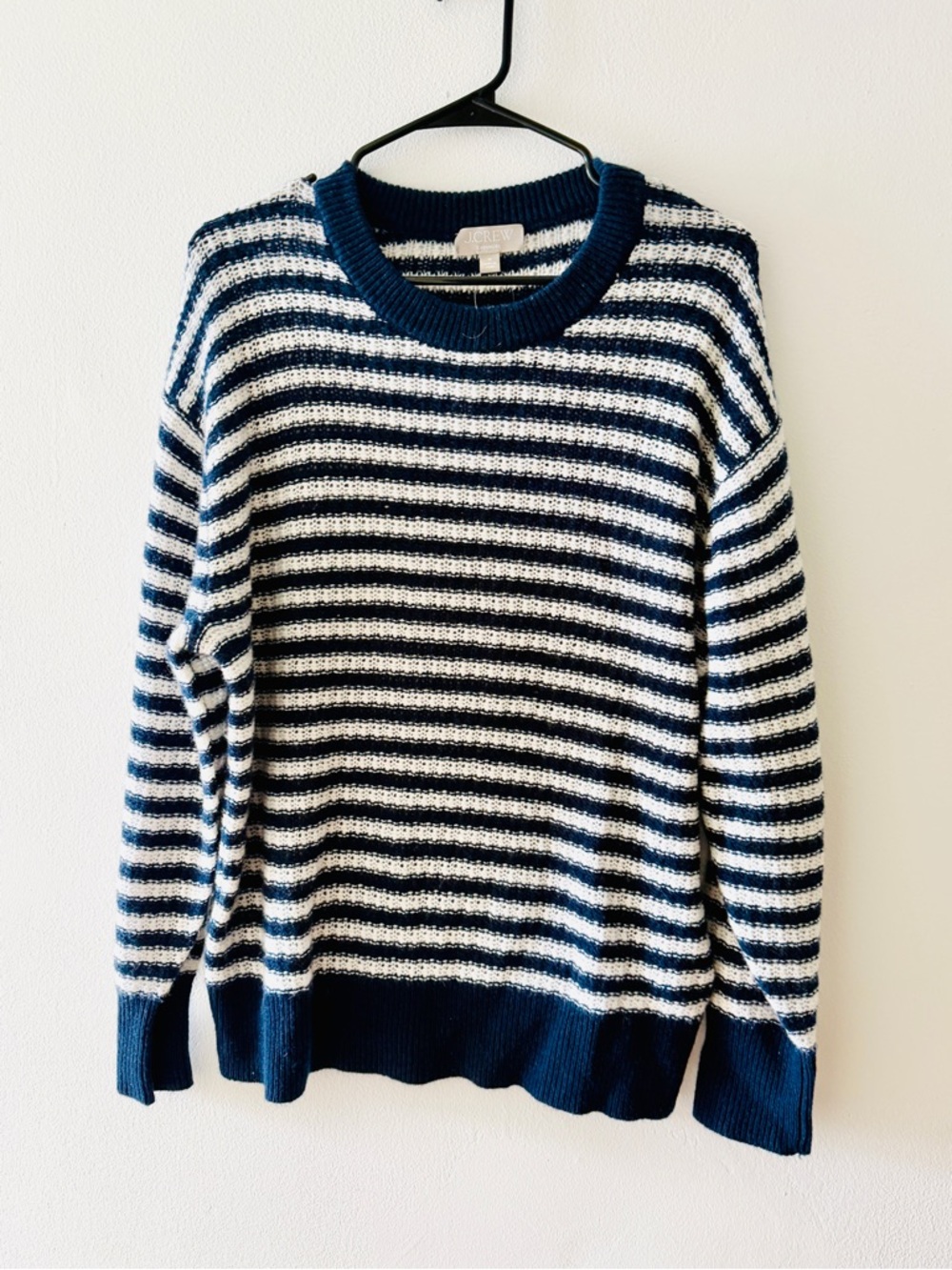 J. Crew Navy and White Striped Crewneck Sweater.